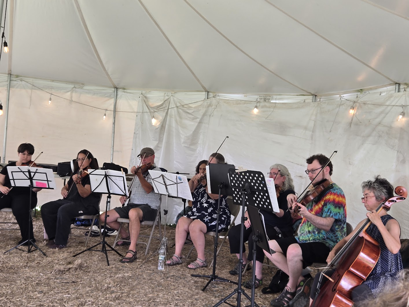 Finger Lakes Fiddle Orchestra playing July 2025 at the Goat Farm Lively Run Dairy